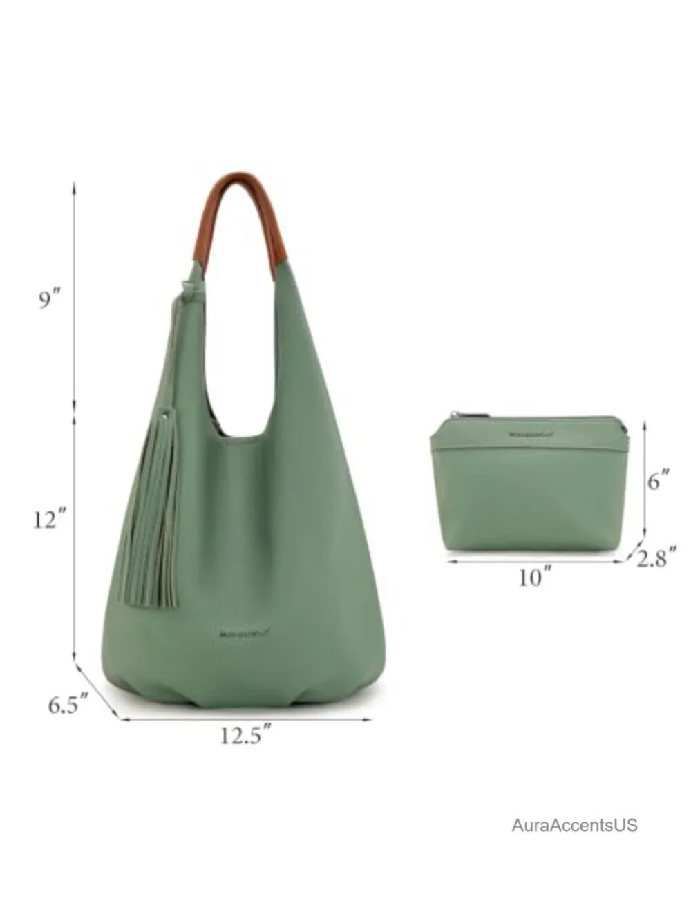 Set of 2 Hobo Handbags with Tassels Faux Leather Shoulder Bags + Cosmetic Pouch